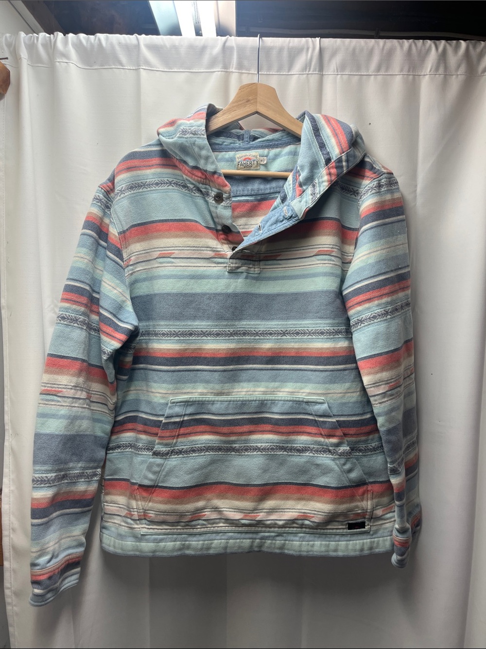 Faherty Brand Blue Orange Red Three-Button Cotton Baja Pullover Hooded- M
